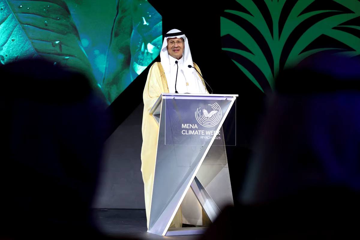 Prince Abdulaziz bin Salman, the Minister of Energy for Saudi Arabia, delivers a speech at the commencement of the Middle East and North Africa Climate Week in Riyadh, Saudi Arabia